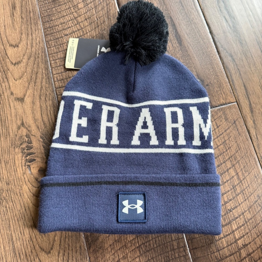 Under Armour Mens Navy Blue Pom Beanie Logo Cuffed Knit Hat OSFM 1386634 NWT